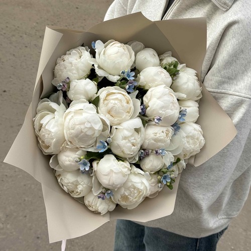 Букет из 25 белых пионов c незабудками