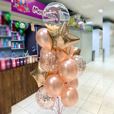 Фонтан шаров в цвете "Розовое золото" с конфетти и шаром Deco Bubble