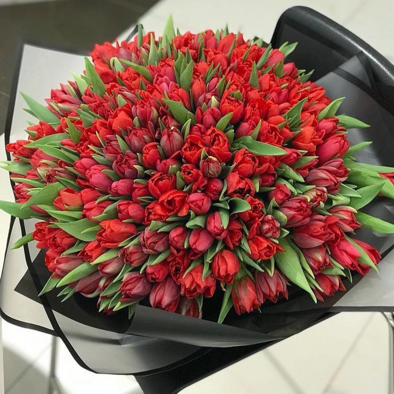 Букет из 151 красного пионовидного тюльпана