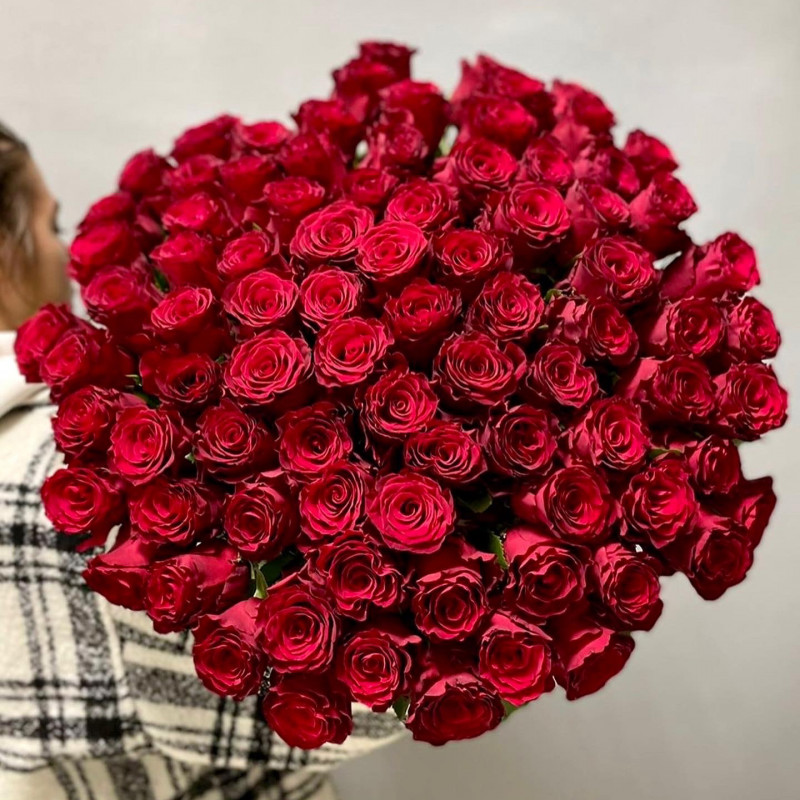 Купить букет из 85 красной эквадорской розы Фридом, доставка роз по  Москве 24 часа