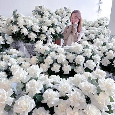 Комната из корзин с белоснежными французскими розами