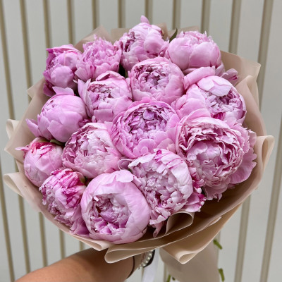 Букет из 15 розовых пионов "Сара Бернар"